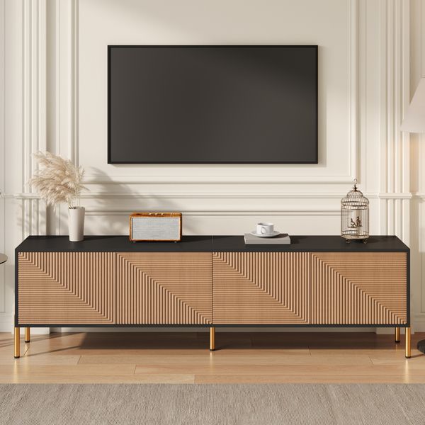 MODFU TV-Schrank Modernes Sideboard im Kontrast Schwarz & Gold (Packung, 1-St, 179x53,5x35 cm, 4 Türen vor 2 großen Staufächern, strukturierte Front) Einzigartiges Design, das unterschiedliche Einrichtungen ergänzt