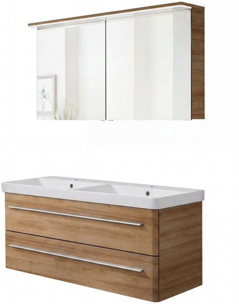 LANZET K8 Waschtisch Set mit Spiegelschrank 120 cm breit, Braun hell, Doppelwaschbecken Keramik Weiß