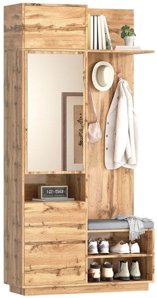 SeedWave Garderobe Garderobenschrank mit Sitzbank, Doppelhaken, Spiegel, Viel Stauraum, Standgarderobe mit geschlossenen & offenen Staufächern