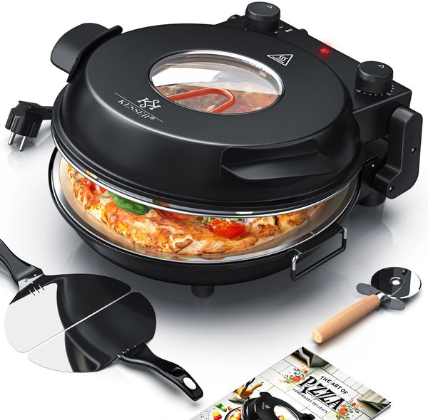KESSER® Pizza-Ofen elektrisch bis 400 Grad | Elektrischer Pizzabäcker 1200W mit feuerfester Steinplatte & Timer Durchmesser 32cm | 5 Heizstufen & Sichtfenster | inkl. Pizzaschneider & Rezeptbuch Schwarz