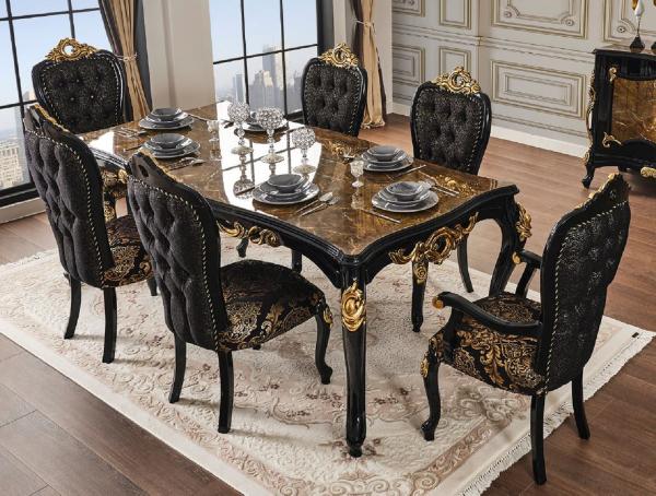 Casa Padrino Luxus Barock Esstisch Braun / Schwarz / Gold 210 x 100 x H. 82 cm - Prunkvoller Massivholz Esszimmertisch mit Tischplatte in Marmoroptik - Barock Esszimmer Möbel