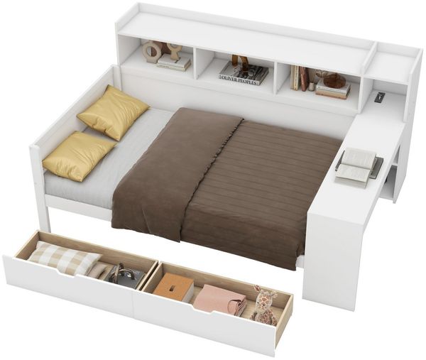 SeedWave Stauraumbett Holzbett mit Tisch, Regal und Aufbewahrungsschubladen, 90x180 cm, Tagesbett mit Ladesteckdose