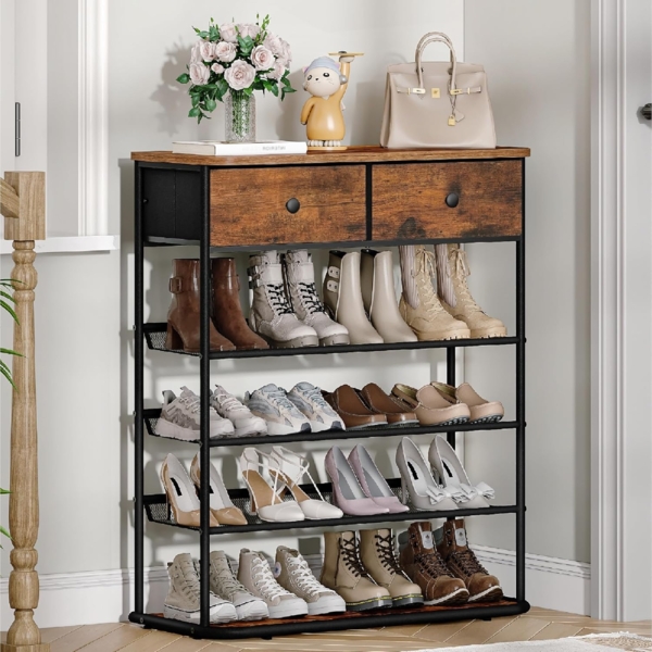 Schuhregal, Schuhablage mit 5 Ebenen, Schuhregal Groß mit 2 Stoffschubladen, 3 Gittern, Verstellbaren Gitterablagen, 16-20 Paar, Schuhständer für Eingang, Flur, Vintagebraun-schwarz Bild 1