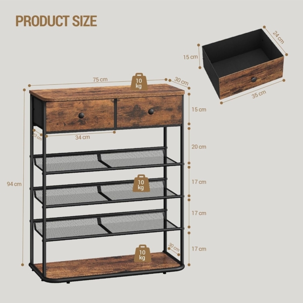 Schuhregal, Schuhablage mit 5 Ebenen, Schuhregal Groß mit 2 Stoffschubladen, 3 Gittern, Verstellbaren Gitterablagen, 16-20 Paar, Schuhständer für Eingang, Flur, Vintagebraun-schwarz Bild 6