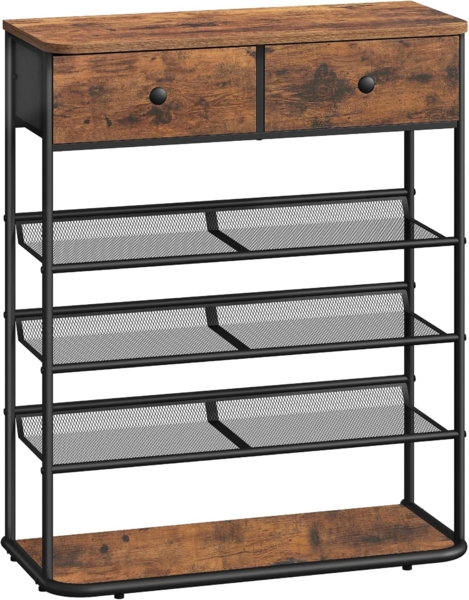 Schuhregal, Schuhablage mit 5 Ebenen, Schuhregal Groß mit 2 Stoffschubladen, 3 Gittern, Verstellbaren Gitterablagen, 16-20 Paar, Schuhständer für Eingang, Flur, Vintagebraun-schwarz Bild 2