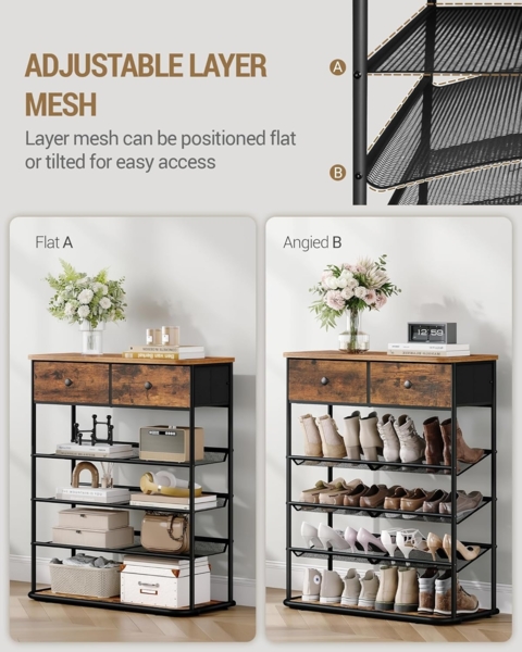 Schuhregal, Schuhablage mit 5 Ebenen, Schuhregal Groß mit 2 Stoffschubladen, 3 Gittern, Verstellbaren Gitterablagen, 16-20 Paar, Schuhständer für Eingang, Flur, Vintagebraun-schwarz Bild 4