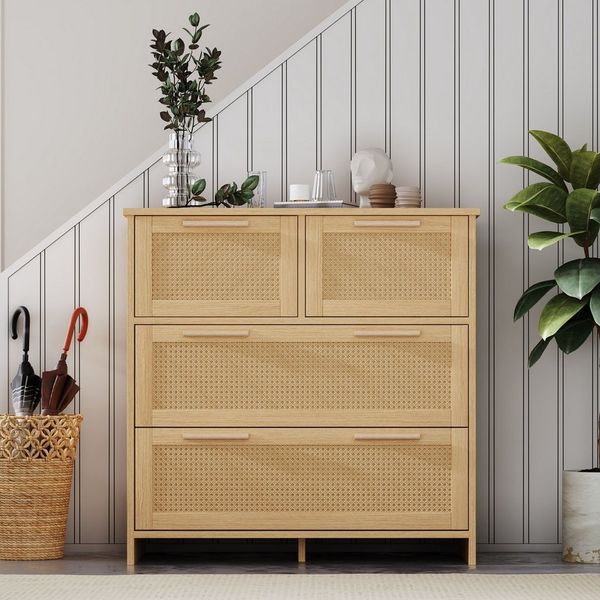 BlingBin Schubkastenkommode Hochwertiger 4-Schubladen-Rattanschrank, 4 Geräumige Schubladen,Rattanschrank mit Massivholzgriffen