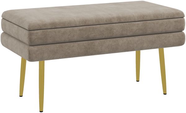 HOMCOM Sitzbank, Polsterbank mit Stauraum, Samtoptik, Bettbank mit Stahlbeine, Schuhbank, Aufbewahrungsbank für Wohnzimmer, Schlafzimmer, Beige, 79,5 x 37,5 x 43 cm