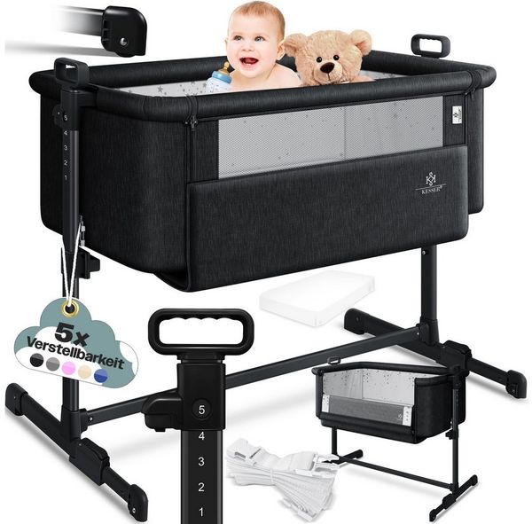 KESSER® Zustellbett Hubi 3in1 Baby Beistellbett Reisebett Babybett mit weich Matratze, mit Rollen Kinderbett, 5-fach Höhenverstellung, Faltbare Seitenwand für zu Hause und unterwegs Schwarz