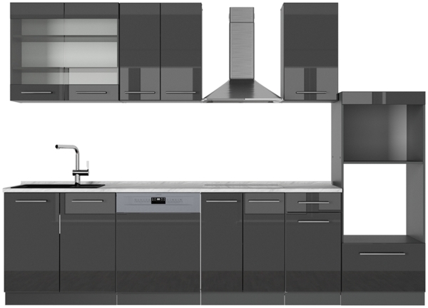 Küchenzeile Fame-Line Anthrazit Hochglanz 300 cm mit Hochschrank, AP Marmor Vicco