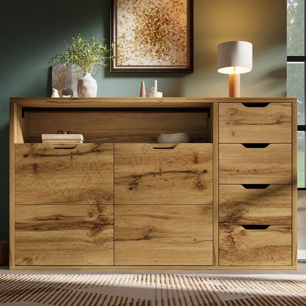 Flieks Kommode mit 4 Schubladen, offenem Fach und verstellbarer Einlegeböden (Schrank für Wohnzimmer/Schlafzimmer/Flur/Esszimmer, 1 St, B150xT40xH90 cm), Sideboard Mehrzweckschrank Eicheoptik Holzschrank in Landhausstil