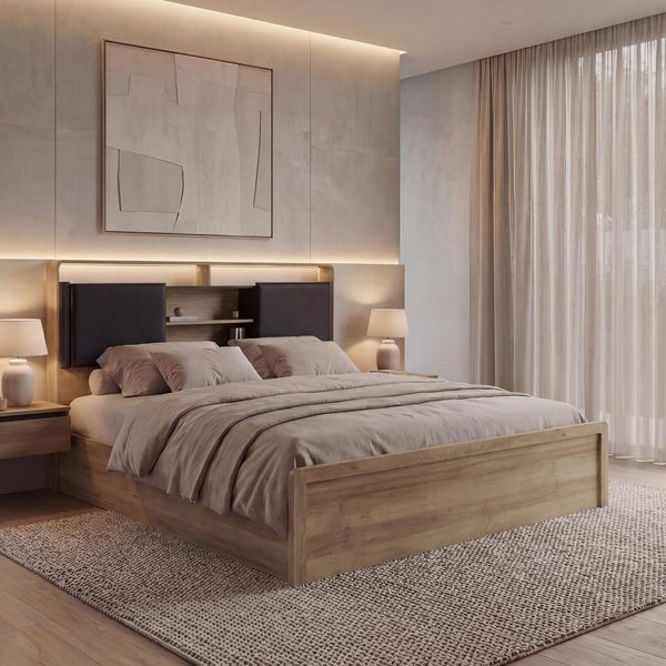 Queen Size Bett HWC-P43, Doppelbett Bettgestell mit Lattenrost, MDF 160x200cm ~ Rivera-Eiche-Optik, dunkelgrau