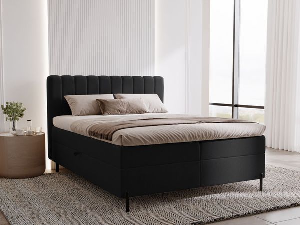 GRAINGOLD Primavera Boxspringbett 140x200, Boxspringbett, Kopfteil, mit hohe Beine, Velour-Stoff, Schwarz