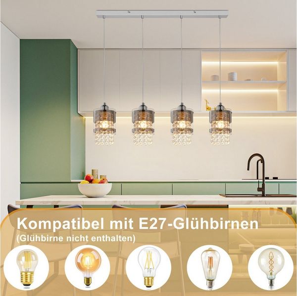 Nettlife Pendelleuchte Kristall Esstisch 4 Flammig Modern E27 Höhenverstellbar Hängelampe, Höhenverstellbar, ohne Leuchtmittel, Kristall Pendellampe für Esszimmer Küche Wohnzimmer Schlafzimmer