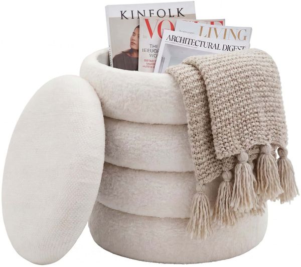 Sitzhocker mit Stauraum aus Teddy Stoff 40cm Creme Rund - Design Boho Stoffhocker mit abnehmbarem Deckel - Polsterhocker Schminktisch Hocker - Beistellhocker für Wohnzimmer Handmade