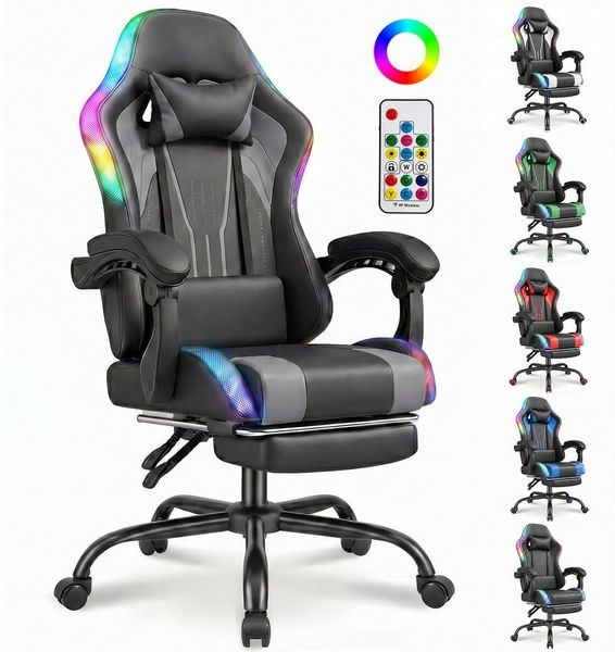 HOMALL Gaming-Stuhl mit LED,Ergonomisch,Fußstütze,computerstuhl,gaming stuhl mit massage, Ergonomischer Bürostuhl,Kopfstütze und Lendenstütze