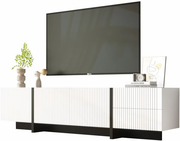 MODFU Lowboard Fernsehschrank 190x45x35 cm, skandinavisches Design (TV-Board,Fernsehtisch scandi, 1 St, mit 3 Türen und 2 Schubladen, schwarzer Sockel), Geräumiges TV-Board fürs Wohnzimmer