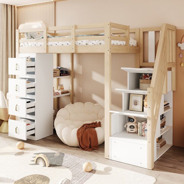Merax Hochbett 90 x 200 cm Kinderbett, Jugendbett, mit Stauraumschubladen, Mehrstöckigem Regal, Sicherer Leiter Mit Stauraumschubladen, Multifunktionales Massivholzbett, Holzfarbe