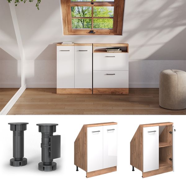 Küchenschrank für Dachschrägen R-Line Weiß Hochglanz 60 cm mit 2 Türen Vicco Bild 2