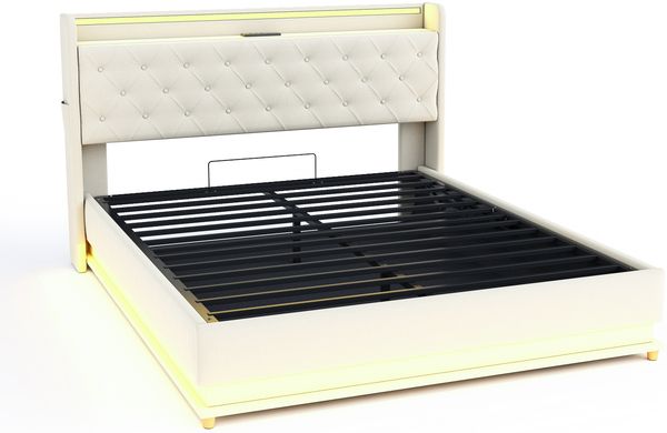 Merax LED Polsterbett 160*200 cm mit USB-Ladeanschluss und Hydraulischer Lagerung, Hautfreundlicher Leinenstoff Beige Bild 10
