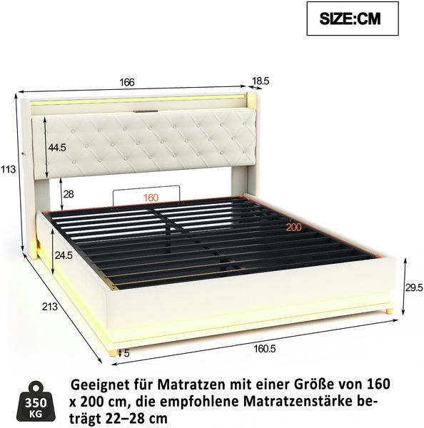 Merax LED Polsterbett 160*200 cm mit USB-Ladeanschluss und Hydraulischer Lagerung, Hautfreundlicher Leinenstoff Beige Bild 4