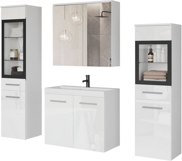 welltime Badmöbel-Set MADRIT II, Schrank mit Waschbecken, 2 Hänger, Spiegelschrank, (Komplett-Set, 5-St), Hängende Badmöbel mit Glaseinsätzen – in vielen Farben erhältlich