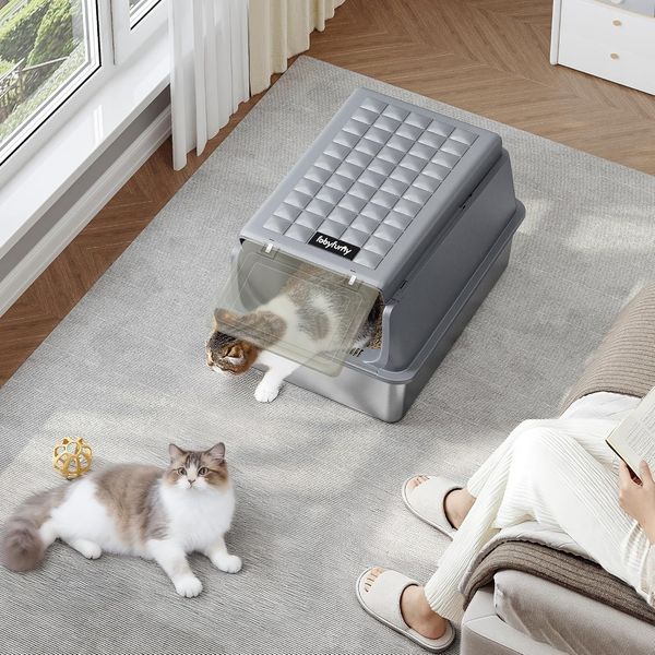 Edelstahl-Katzenklo mit Deckel, XL Geschlossene Metall-Katzenklo, Katzentoiletten mit Schaufel und Fußstufe, Herausnehmbar, 120° Klappdeckel, Leicht zu Reinigen, Dunkelgrau