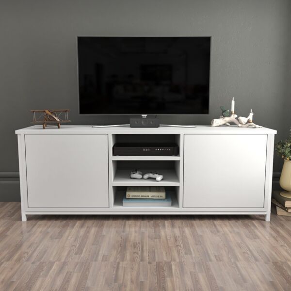 Hanah Home Scandinavian TV Stand, White, 140 x 35.3 x 50.8 cm | 100% Melamine Coated Particle Board, 18 mm Thick | Stylish & Functional for Modern Living Rooms