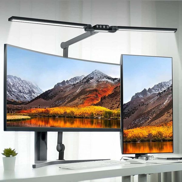 Sunicol Schreibtischlampe LED Dimmbar Klemmbar 24W 95CM, 5 Farbmodi, Doppelkopf Tischlampe, Automatische Dimmung Tischlampe für Homeoffice Büro