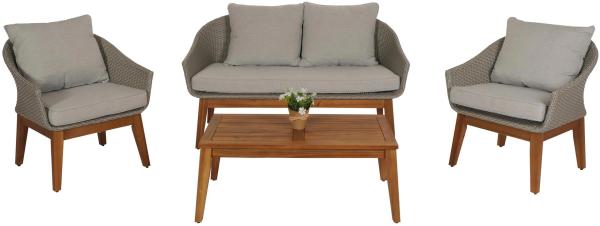 Gartengarnitur HWC-N37, Garten-/Lounge-Set Sofa Sitzgruppe, Poly-Rattan Holz Akazie ~ grau, Kissen hellgrau