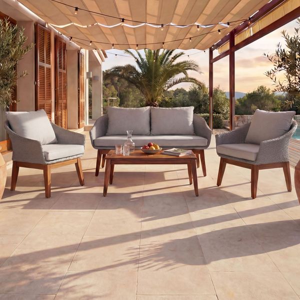 Gartengarnitur HWC-N37, Garten-/Lounge-Set Sofa Sitzgruppe, Poly-Rattan Holz Akazie ~ grau, Kissen hellgrau