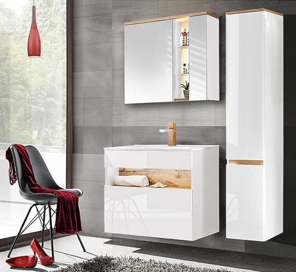 Badmöbel Set mit Keramik-Waschtisch inkl LED BERMUDA-56 in Weiß-Hochglanz mit Wotaneiche B/H/T: 135/200/45cm