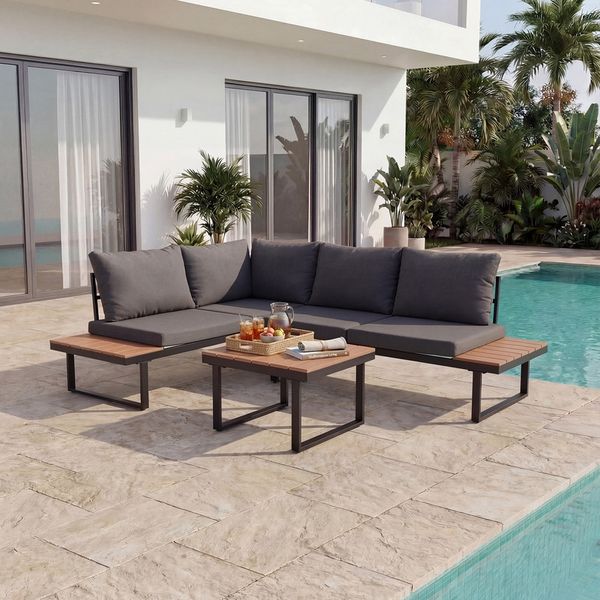 HOMAVO Gartenlounge-Set mit Couchtisch, Ecksofa in L-Form, wasser- und sonnenschutzbeständig, mit Sofaabdeckungen wasserfest, für Terrasse, Balkon und Garten