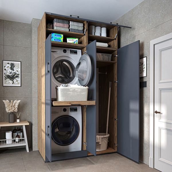 Roomart Waschmaschinenschrank- DORA-I- 130 cm breit – Waschmaschinen- & Trockner-Überbau mit Türen und Ausziehplatte, Bad & Waschküche • Anthrazit-Eiche