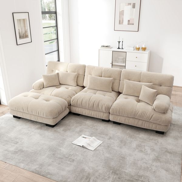 Flieks 3-Sitzer Ecksofa, Modular Cloud Schlafsofa aus Chenille mit 3 Lenden- & 2 Dekokissen, breiten Armlehnen & Ottoman, Hellbraun