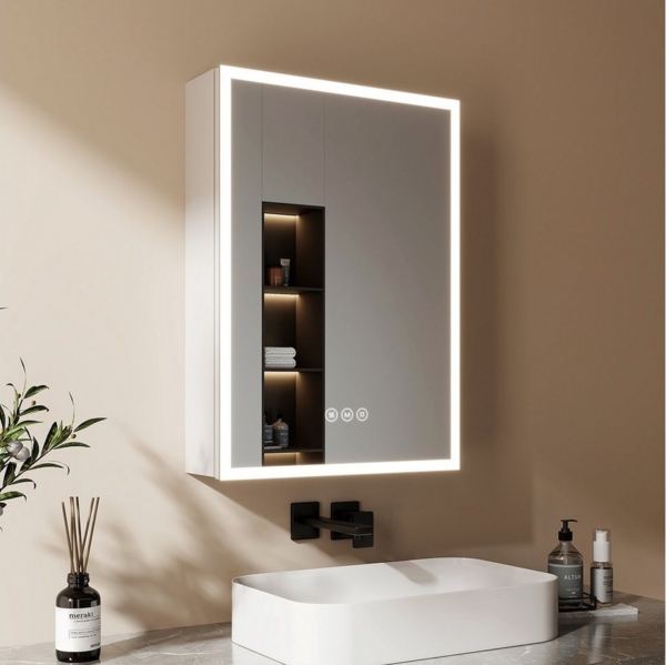 EMKE Spiegelschrank bad mit beleuchtung Badezimmerspiegelschrank Touch (1 türig) (Touch Schalter) mit Ablage und Steckdose, 3 Lichtfarben Dimmbar Antibeschlag Bild 5