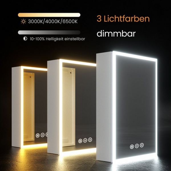 EMKE Spiegelschrank bad mit beleuchtung Badezimmerspiegelschrank Touch (1 türig) (Touch Schalter) mit Ablage und Steckdose, 3 Lichtfarben Dimmbar Antibeschlag Bild 3