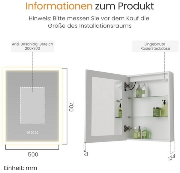 EMKE Spiegelschrank bad mit beleuchtung Badezimmerspiegelschrank Touch (1 türig) (Touch Schalter) mit Ablage und Steckdose, 3 Lichtfarben Dimmbar Antibeschlag Bild 4