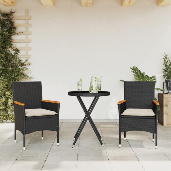 vidaXL 3-tlg. Bistro-Set mit Kissen Schwarz Poly Rattan und Glas 3278753