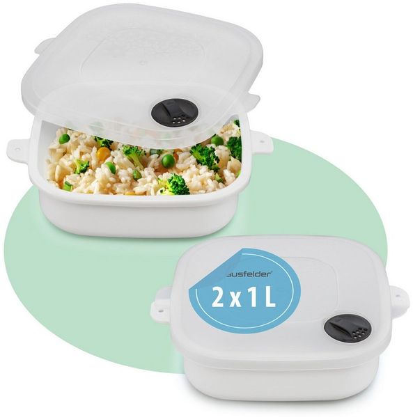 Hausfelder Mikrowellenbehälter Mikrowellentopf 2er Set, 2x 1 Liter, Mikrowellengeschirr mit Deckel, Mikrowellentopf 2 x 1 L, (2er Set, Set), BPA-freier Kunststoff, Dampfventil im Deckel