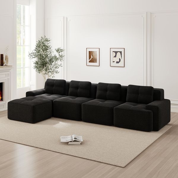 Flieks 4-Sitzer Sofa, Modular L-Form Schlafsofa, Tiefsofa mit Ottoman & 4 Kissen, Cord, Schwarz