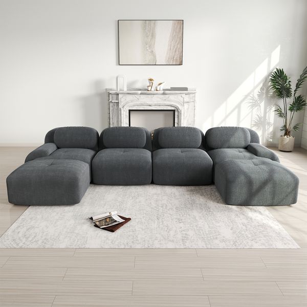 4-Sitzer Sofa 388×178×75 cm aus Cordstoff rahmenlos modular mit 2 Hockern, grau