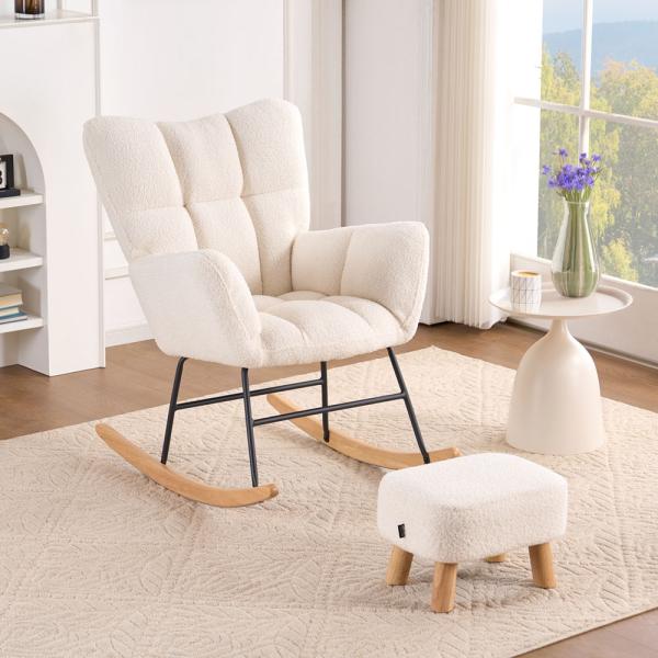 HOME DELUXE Schaukelstuhl inkl. Hocker NARA - Bouclé Weiß