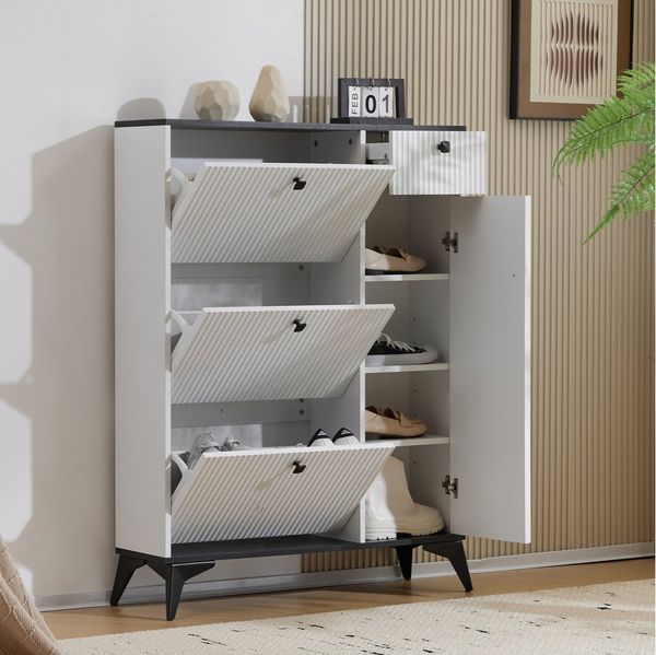 Flieks Schuhschrank Schuhkommode mit 3 Klappen, 1 Schublade und 1 Tür (H121xB90xT25 cm, 1-St, ca 10 Paar Schuhe) Schuhregal mit verstellbarer Einlegeböden Schuhkipper Weiß+Schwarz
