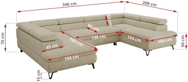 MKS Möbel 'Pablo U-Form' Wohnlandschaft mit Bettkasten, Creme, Struktur, ohne Topper Bild 7