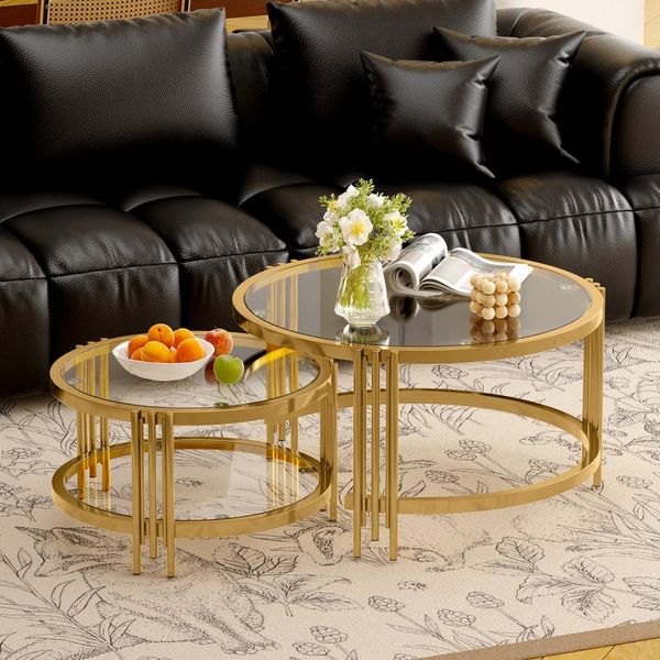 STILVORA Couchtisch Wohnzimmertisch für couch Beistelltisch mit abnehmbarer Tischplatte (Sofatisch mit Rutschfeste Saugnäpfe, Hochtransparente Glasplatte, Hitzebeständig bis 400 °C, Belastbar bis 50 kg, Ø80×H45 & Ø60×H35), Verdickte Metalltischbeine mi...