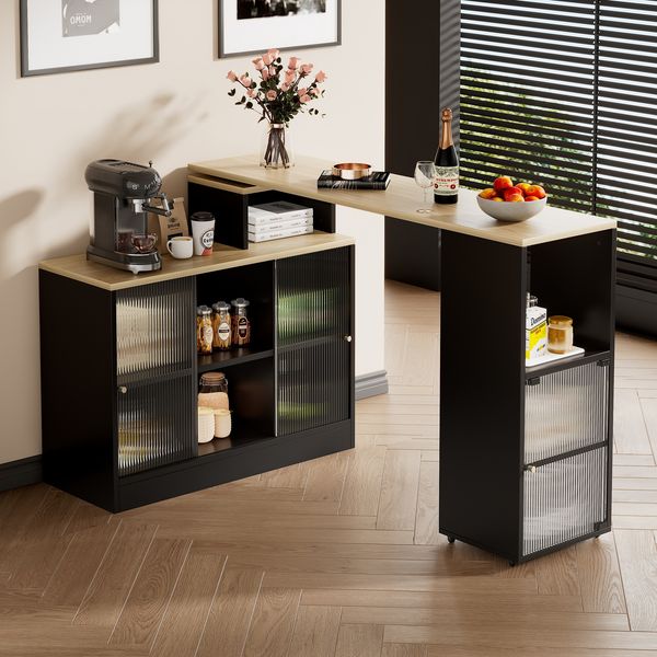 Bartisch aus MDF mit Stauraum & drehbarer Ausziehfunktion, Schwarz