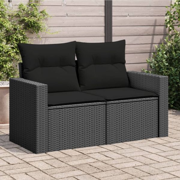 vidaXL Gartensofa mit Kissen 2-Sitzer Schwarz Poly Rattan 365971