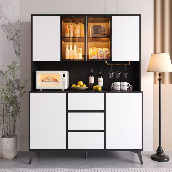 Merax Hochschrank, Vitrine, Anrichte, Sideboard, Esszimmerschrank, Wohnzimmerschrank, Küchenschrank, Vitrine mit Glasfront,3 Schubladen, Schwarz-Weiß Optik