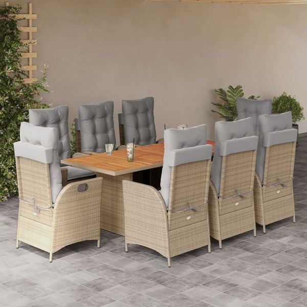 vidaXL 9-tlg. Garten-Essgruppe mit Kissen Beigemischung Poly Rattan 3213149